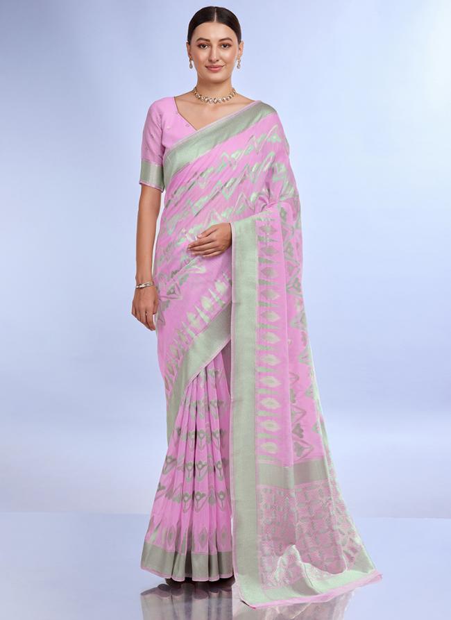 Linen Silk Baby Pink Casual Wear Jacquard Work Saree